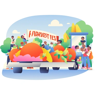 A vibrant parade is taking place, celebrating the harvest season. Colorful floats are beautifully decorated with large, bright orange pumpkins and golden ears of corn. Each float is adorned with autumn leaves, creating a festive and seasonal atmosphere. People are lined up along the street, some waving and clapping, while children are holding small bags filled with candy. Bright banners with the words "Harvest Festival" in bold letters are displayed on the floats, adding to the celebratory feel of the event. The sky is a clear blue, providing a perfect backdrop for the lively festivities.