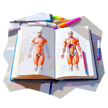 A sketchbook lies open, filled with detailed anatomical drawings of the human body. The pages display intricate sketches of muscles, organs, and skeletal structures, showcasing the precision of the medical student's work. Beside each drawing, handwritten notes provide explanations of the anatomy, labeled with scientific terms. The cover of the sketchbook is slightly worn, indicating frequent use. A pencil rests on the edge of the open page, ready for further notes or sketches. In the background, a desk is visible, cluttered with medical textbooks and highlighters.