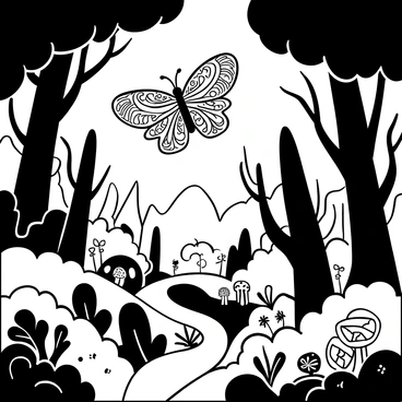 A large fantasy butterfly with intricate patterns on its wings is flying above a dense, magical forest. The butterfly's wings are adorned with unique shapes and textures that suggest an otherworldly beauty. Below, the forest is filled with towering trees and winding paths, with various fantastical plants and flowers dotting the landscape. Sunlight filters through the thick canopy, casting intricate shadows on the forest floor. There are small creatures peeking out from behind tree trunks and colorful mushrooms scattered throughout the underbrush.