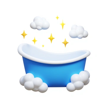 A bathtub surrounded by fluffy white clouds. The clouds have a soft, dreamy appearance, resembling cotton candy. Scattered around the bathtub are twinkling stars, glowing brightly in various sizes. The scene creates a sense of playfulness and fantasy, with the clouds and stars enhancing the magical atmosphere.