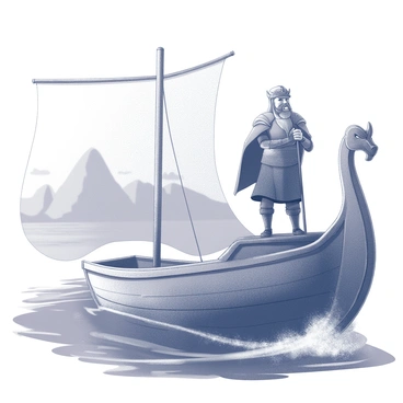 A Viking explorer stands on the deck of a sturdy longship, gripping the ship's rail tightly. He is dressed in traditional Viking attire, including a fur-lined cloak and a helmet adorned with intricate designs. The explorer gazes intently at a distant land, his face displaying determination and curiosity. Surrounding the ship is a thick, swirling mist that partially obscures the horizon, creating an atmosphere of mystery. The longship's sail is furled, and the ship's dragon-headed prow cuts through gentle waves, indicating the explorer's journey across the sea. The sky above is overcast, contributing to the somber mood of the scene.