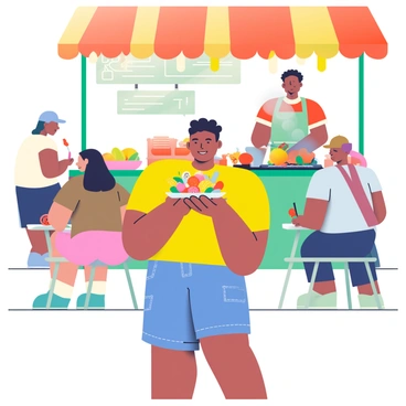 A tourist with light brown skin is enjoying a local delicacy at a street food stall. The tourist is wearing a bright yellow shirt and denim shorts. In their hands, they hold a colorful dish featuring a mix of exotic fruits and savory items. The street food stall is adorned with bright banners and lights, creating a lively atmosphere. Behind the stall, a vendor with dark hair and an apron is cooking on a grill, surrounded by various fresh ingredients and spices. The scene is bustling with other tourists and locals enjoying their meals at nearby tables.