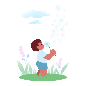 A child with short hair is standing in a grassy field, gently blowing on a dandelion. The dandelion, fully puffed with seeds, is held in the child's small hand. As the child exhales, a flurry of white seeds is released, floating gracefully into the air. The background consists of soft green grass and a few wildflowers scattered throughout the field. The sky above is clear and bright, providing a cheerful atmosphere to the scene.