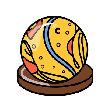 A cricket ball with a glossy finish, featuring vibrant artistic patterns and colors painted all over its surface. The patterns include swirling lines, geometric shapes, and splashes of red, blue, and yellow. The ball is resting on a wooden surface, and the light reflects off its shiny surface, highlighting the details of the intricate designs.