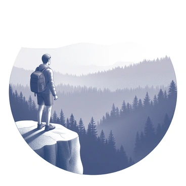 A hiker stands on the edge of a cliff, facing away from the viewer. The hiker is wearing sturdy hiking boots and has a large backpack secured to their back. The cliff is rocky and rugged, with a steep drop-off leading down to a dense forest below. The forest is filled with a variety of trees, their layered canopies creating a textured pattern. The hiker’s posture suggests a moment of reflection as they gaze out over the vast expanse of greenery. The sky above is clear, adding to the sense of openness in the scene.