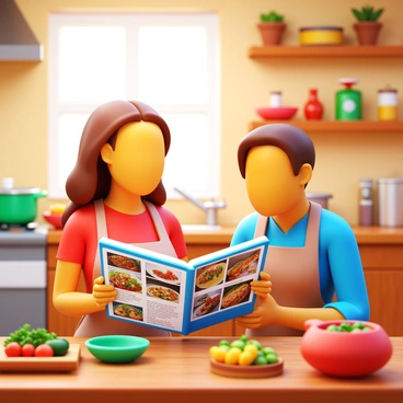 Friends in a kitchen sharing recipes from a cookbook