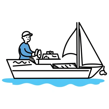 A yacht is sailing smoothly on the water, with a male captain at the helm, concentrating on steering. He is wearing a navy blue jacket and a white cap. Maps and navigation tools, including a compass and binoculars, are spread out on a table next to him. The sunlight glimmers on the water surface, highlighting the peacefulness of the scene.