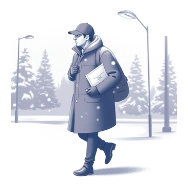 A postal worker in a heavy winter coat is moving through a snowstorm. The worker has a focused expression, braving the strong winds and thick snowfall. Snowflakes are visibly accumulating on the ground and collecting on the worker's shoulders. The worker is holding a mailbag slung over one shoulder, with letters and parcels partially visible, showing the busy nature of their task. In the background, snow-covered trees and a dimly lit streetlamp can be seen, enhancing the wintry scene.