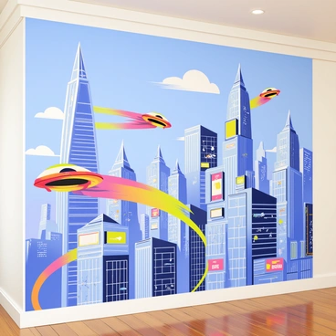 A wall featuring a vibrant depiction of a futuristic cityscape. The scene includes several sleek flying cars zipping through the sky, leaving colorful trails behind them. Towering skyscrapers dominate the background, showcasing unique architectural designs with glass and metal elements. The buildings are adorned with neon lights and digital billboards displaying various advertisements. A clear blue sky provides the backdrop, enhancing the lively atmosphere of the city.