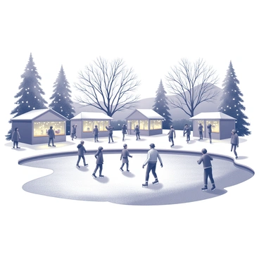 A winter festival scene is depicted with a frozen pond at the center, where several people are skating. Some skaters are gliding gracefully across the ice, while others are playfully trying to maintain their balance. In the background, snow-covered trees are adorned with lights, casting an inviting glow in the evening. The ground is blanketed with fresh snow, and various festival stalls can be seen nearby, selling warm beverages and treats. The atmosphere is vibrant with the energy of families and friends enjoying the festivities.