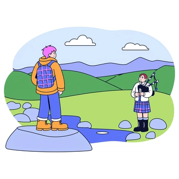 A traveler wearing a warm plaid jacket and a sturdy pair of hiking boots stands on a rocky outcrop. The traveler has short hair and is gazing out over the vast expanse of the Scottish Highlands, featuring rolling green hills and distant mountains. In the background, a bagpipe player, dressed in a traditional kilt, plays a soulful tune. The player stands amongst scattered boulders with a small stream flowing nearby. The sky is overcast, with soft gray clouds adding to the dramatic atmosphere.