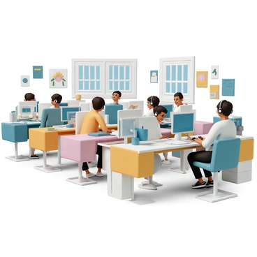 A vibrant call center filled with operators actively engaged on their phones and computers. Each operator is seated at a modern desk, wearing headsets and typing on keyboards. The room is brightly lit with large windows allowing natural light to flood in. Colorful wall art decorates the space, adding energy to the environment. Some operators are focused and looking at their screens, while others are talking animatedly on the phone. In the background, there are dedicated areas for team meetings, featuring round tables and comfortable chairs. The overall atmosphere conveys a dynamic and productive work environment.