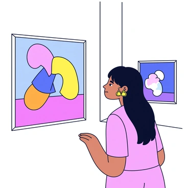 A girl with long black hair is wearing traditional jhumka earrings made of gold. She is standing in front of a large, colorful painting at an art exhibition. The artwork features abstract shapes in vibrant colors that draw her attention. The gallery has white walls and soft lighting, allowing the paintings to stand out. The girl is dressed in a simple yet elegant outfit, which complements her earrings. She appears thoughtful as she studies the details of the painting.