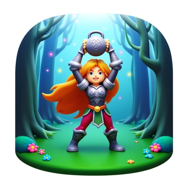 A fantasy character with long flowing hair and intricate armor is swinging a kettlebell above their head. The kettlebell is adorned with mystical symbols. Surrounding the character is an enchanted forest with towering trees and glowing plants. The ground is covered in lush green moss and scattered colorful flowers. Faint magical lights hover in the air, illuminating the scene. The character's expression shows determination and focus as they engage in their exercise.