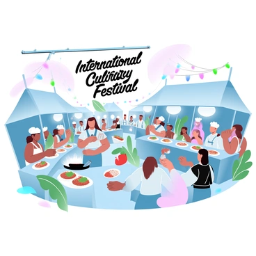 A vibrant festival takes place in an outdoor setting filled with colorful tents representing different countries. Each tent displays flags and banners showcasing various cuisines. Chefs in traditional attire are seen preparing dishes at outdoor cooking stations, surrounded by fresh ingredients like vegetables, spices, and herbs. Visitors are engaging with the chefs, sampling foods from small plates, while others are taking photographs of the beautifully presented dishes. The atmosphere is lively, with string lights hanging above, creating a warm glow at dusk. A large banner at the entrance reads "International Culinary Festival" in bold letters.
