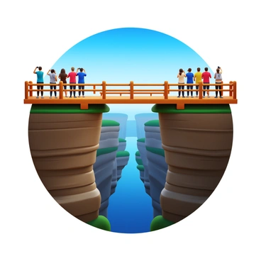 A 3D icon of an overlook platform constructed at the edge of a deep chasm. The platform features wooden railings and is designed for safety, with visitors standing at the edge, gazing into the vast chasm below. The chasm displays layers of rocky formations and greenery, with a clear blue sky above. The tourists on the platform include a diverse group, wearing casual clothing and taking photos with cameras. The platform itself has a modern design, integrating seamlessly with the natural surroundings.