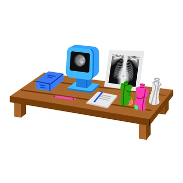 A collection of diagnostic tools used to assess rotator cuff injuries is displayed on a wooden table. In the center, there is a bright blue ultrasound machine, with a screen showing an image of a shoulder joint. Beside it, a white X-ray film shows a clear view of the shoulder bones, including the humerus and scapula. There is also a set of colorful anatomical models depicting the human shoulder, highlighting the rotator cuff muscles. A small notepad and a pen are placed next to the tools, suggesting notes being taken during a consultation. The setting is well-lit, emphasizing the details of each tool and model.