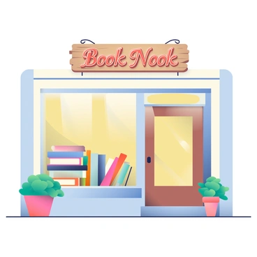 A quaint bookstore storefront features a charming wooden sign hanging above the entrance, painted with the words "Book Nook" in elegant lettering. The window display showcases a variety of novels stacked neatly, with some leaning against each other, their colorful covers visible. Potted plants are placed on either side of the entrance, adding greenery to the scene. The wooden door is slightly ajar, inviting passersby to explore inside. The warm glow of interior lighting can be seen through the window, creating a welcoming atmosphere.