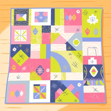 A patchwork quilt featuring an array of square and rectangular pieces, each made from different fabrics that represent various cultures. The quilt has vibrant colors and intricate patterns, with some pieces showcasing traditional motifs like geometric designs, floral patterns, and tribal symbols. Each fabric square is bordered by a thin stitch, bringing a sense of unity to the diverse elements. The quilt is laid out on a wooden floor, with soft natural light casting gentle shadows, highlighting the textures and details of the fabrics.