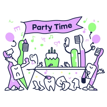 A group of anthropomorphic toothbrushes and teeth are gathered at a lively party. The toothbrushes stand upright, each with a smiling face and colorful bristles. Some toothbrushes are wearing tiny party hats, while others hold balloons. The teeth, with cheerful expressions, are dancing around the toothbrushes. A large banner hangs overhead, featuring "Party Time" in bold letters. In the background, a table is set with a cake shaped like a tooth and colorful party decorations. Music notes float in the air, adding to the festive atmosphere.