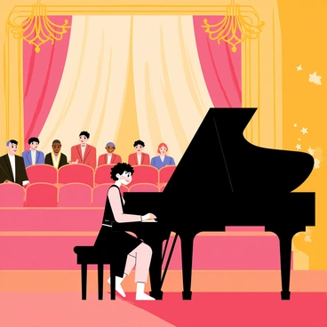 A young pianist with short, curly hair is playing a grand piano on a polished wooden stage. She is wearing a flowing black dress and looks focused as her fingers glide over the piano keys. The concert hall is filled with rows of plush red seats and intricate golden decorations on the walls. Soft chandelier lights illuminate the scene, casting a warm glow over the audience, who are watching attentively. A large curtain in the background is pulled back, showcasing the elegant atmosphere of the venue.