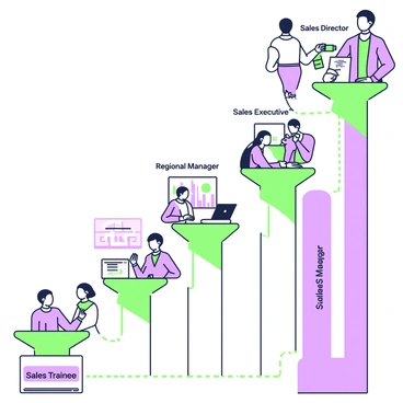 An illustration displaying the career growth path within "Tata AIA" for "sales professionals." At the bottom, the starting position is labeled "Sales Trainee," depicted as an individual engaging with a mentor. Above this, the next tier is "Sales Executive," where a person is shown making phone calls and interacting with clients. The following level, "Sales Manager," features a manager leading a team meeting with charts and graphs on a screen. Above this, the title "Regional Manager" is placed, illustrating a larger team discussion in a conference room. At the very top, the "Sales Director" position is represented, with a confident individual presenting to a group of executives, all aligned with clear pathways connecting each position.