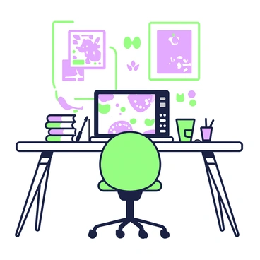 A digital artist's workspace is arranged neatly on a desk. Centered on the desk is a tablet, displaying a colorful artwork in progress. Next to the tablet, there is a digital color palette, with various swatches of colors visible. Surrounding these items are a few sketchbooks stacked to one side, along with a stylus resting beside the tablet. An ergonomic chair is positioned in front of the desk, and a wall in the background is adorned with framed artworks showcasing digital illustrations.