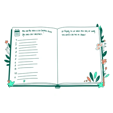 A white daily planner page is filled with neatly organized sections. In the center, there is a list of tasks written in black ink, each item clearly numbered. Surrounding the margins of the page, there are colorful doodles in various shapes, including stars, hearts, and flowers. The doodles are in shades of teal and orange, creating a vibrant border. A small calendar icon is placed in one corner, and a motivational quote is handwritten along the top edge of the page.