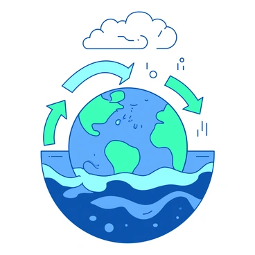 A duotone illustration depicting Earth's climate feedback loop. In the center, there is a large blue globe representing the Earth, showing swirling cloud patterns in the atmosphere above. Surrounding the globe, there are arrows in teal illustrating the flow of energy and heat transfer. Below the globe, ocean waves are visible, filled with various shades of blue, symbolizing the oceanic elements in the feedback loop. Above the globe, there are fluffy white clouds, with some droplets indicating precipitation. The entire composition emphasizes the interconnectedness of atmospheric and oceanic elements.