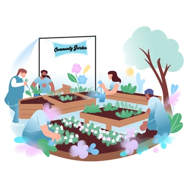 A communal garden filled with a variety of plants and flowers in full bloom. Several individuals are engaged in gardening activities, such as planting, watering, and pruning. Among them, a man with a sun hat is digging in the soil while a woman with a scarf is arranging potted herbs on a nearby table. Another person is holding a watering can, pouring water on vibrant flowers. In the background, there are raised garden beds made of wood, and a colorful banner with the words "Community Garden" is hanging between two trees.