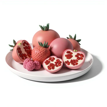 An assortment of "red fruits" is beautifully arranged on a "white ceramic plate." The display includes "juicy strawberries" with their green leaves still attached, "plump raspberries" nestled closely together, and "halved pomegranates" showcasing their glistening red seeds. The plate is set on a "wooden table," and there are soft shadows cast around the fruits, highlighting their vibrant colors and textures.