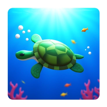 A sea turtle gliding gracefully through deep blue waters. The turtle has a distinct patterned shell with shades of green and brown. Bubbles trail behind as it swims. Sunlight filters through the water above, creating a beautiful play of light and shadow. Various small fish swim alongside the turtle, adding a sense of movement to the scene. Coral reefs can be seen in the distance, hinting at the rich marine life that surrounds the turtle during its migration journey.
