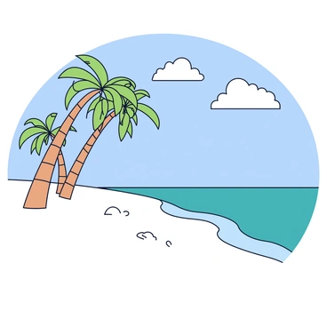 A tropical beach with soft white sand. There are several tall palm trees leaning slightly towards the water. The ocean water is a vibrant turquoise color, gently lapping at the shore. A clear blue sky stretches overhead with a few fluffy white clouds.