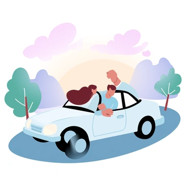 A romantic couple is seated in a white car, the soft glow of the setting sun illuminating their surroundings. The car is parked on a winding road with lush greenery on either side. The woman has long hair flowing in the breeze, while the man is gently resting his arm on the car’s door. The sky is filled with gradient pastel colors of pink, orange, and purple, creating a warm and inviting atmosphere. A few fluffy clouds are drifting lazily across the horizon, enhancing the serene scene.
