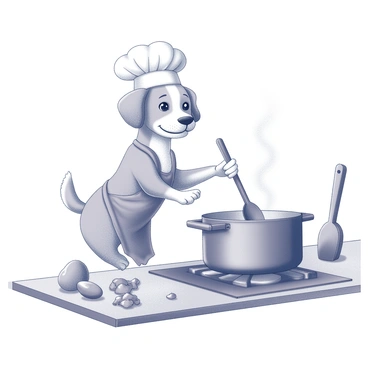A small dog standing on its hind legs in a kitchen setting. The dog is wearing a white chef's hat and a matching apron. It holds a wooden spoon in one paw, actively stirring a large pot on the stove. The dog's expression shows concentration as it mixes the contents of the pot. Surrounding the dog are various cooking utensils, and a few ingredients are scattered on the counter nearby.