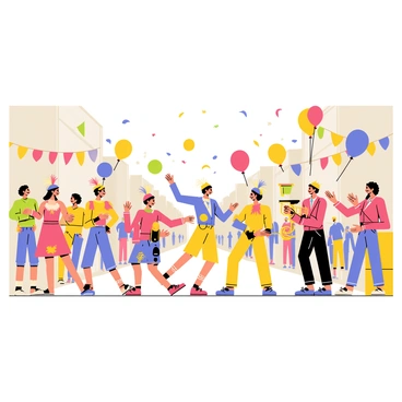 A lively parade featuring performers in vibrant, colorful costumes. The performers include dancers with feathered headdresses, jugglers tossing colorful balls, and musicians playing brass instruments. They march along a bustling street lined with cheering spectators. Balloons in various shapes float above the crowd, and decorative banners hang from the buildings. The atmosphere is filled with excitement and energy as confetti falls from above, adding to the festive scene.