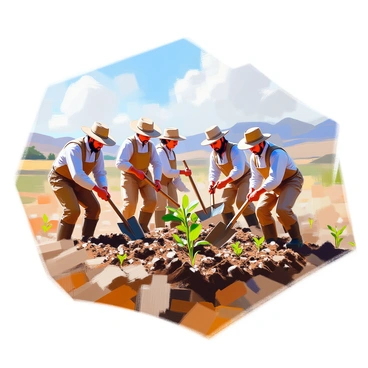 A group of pioneers, consisting of men and women, are actively engaged in planting crops in the fertile soil of Oregon. They are using wooden tools such as shovels and hoes. The scene captures a sense of hard work and determination, with the pioneers wearing simple, sturdy clothing suitable for farming. The landscape features rich, dark soil and small green shoots emerging from the ground, indicating the early stages of growth. In the background, rolling hills can be seen under a clear blue sky, adding to the agricultural setting.