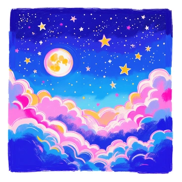 A clear night sky is filled with "vivid stars" twinkling in various sizes. The "bright, glowing moon" is positioned prominently, illuminating the clouds around it. The surrounding atmosphere is deep navy blue, enhancing the brightness of the celestial bodies. The scene has an expansive composition, showcasing the vastness of the sky.