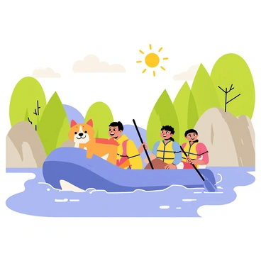 A family rafting trip with a bright blue raft navigating through a lively river. A happy dog with a wagging tail is sitting at the front of the raft, looking excited. The family members are wearing colorful life jackets, with smiles on their faces as they paddle together. Lush green trees and rocky cliffs line the riverbanks, and the sun is shining brightly overhead, creating a cheerful atmosphere.