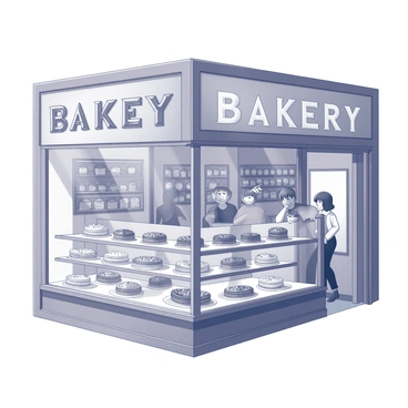 A bakery with a wooden signboard hanging above the entrance. The storefront features large glass windows displaying an array of pastries. The pastries are intricately decorated with designs reminiscent of film rolls, showcasing various patterns that evoke classic cinema themes. Inside, there are rows of shelves filled with baked goods, including éclairs and tarts, each artistically arranged. The atmosphere is warm and inviting, with a display counter at the front showcasing the most elaborate pastries. A few customers can be seen admiring the treats.