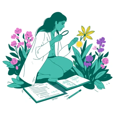 A teal botanist wearing a white lab coat is kneeling in a field of colorful flowers. The botanist is closely examining a bright yellow flower with a magnifying glass. Surrounding the botanist, there are various flowers in shades of pink and purple, creating a vibrant landscape. A notebook and pencil are placed on the ground beside the botanist, open to a page filled with notes and sketches of the flowers. The sun is shining brightly, highlighting the natural beauty of the scene.