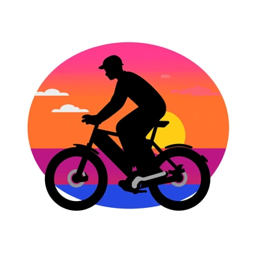 A black silhouette of a cyclist riding an electric bike is positioned in front of a vibrant sunset. The sunset features a gradient of orange, pink, and purple hues spreading across the sky. The cyclist is in a dynamic pose, leaning slightly forward with one hand on the handlebars. The electric bike has a sleek frame with visible wheels and a prominent battery pack. There are a few scattered clouds illuminated by the colors of the sunset, adding depth to the background.