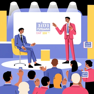 A celebrity with short black hair wearing a stylish blue suit sits in a modern armchair on a talk show set. Bright studio lights illuminate the stage, highlighting a large screen in the background displaying the show’s logo. The celebrity smiles as a host, dressed in a sharp red outfit, gestures while asking a question. The audience, composed of diverse individuals, is seated in rows, clapping enthusiastically. Some audience members are holding signs with the celebrity's name, while others are smiling and taking pictures with their phones.