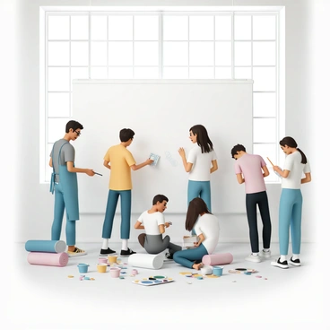 A spacious art workshop with bright, natural light streaming through large windows. Several people are gathered around a large blank mural on the wall, actively collaborating. A woman in a blue apron holds a vibrant red paintbrush, discussing ideas with a man wearing a gray t-shirt and glasses, who is sketching on a notepad. Nearby, a group of three individuals, two women and one man, are mixing paint in various shades on a palette. The room is filled with art supplies, including brushes, paint tubes, and canvas rolls scattered around. All participants display expressions of focus and excitement as they engage in the mural creation process.