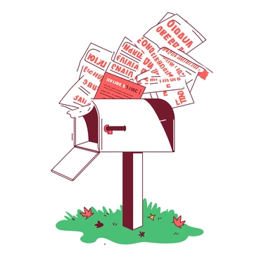 A white mailbox is overflowing with red 'Overdue' notices and eviction letters spilling out from the top. The mailbox is placed on a green grass lawn, surrounded by a few scattered autumn leaves in various stages of decay. The sky is clear with a hint of soft clouds, creating a calm atmosphere. The letters, marked clearly with bold text, are slightly wrinkled, and some have a red highlight marking the word “Overdue.” The scene conveys a sense of urgency and concern.