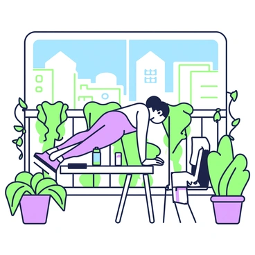 A person is performing incline push-ups on a balcony that receives sunlight. The balcony is surrounded by green plants in pots, with some climbing vines visible along the railing. The person, wearing athletic clothing, is positioned with hands on the edge of a low table while their feet are elevated on a nearby chair. In the background, there are glimpses of nearby buildings and a clear blue sky. A water bottle rests on the table beside them, and a small towel is draped over the chair.