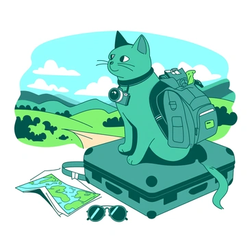 A teal cat is sitting on a large suitcase, illuminated by soft sunlight. The cat has a small camera hanging from its neck and is wearing a tiny backpack filled with travel gear. In front of the cat, there is a vibrant landscape featuring rolling hills, lush greenery, and a clear blue sky. The cat is gazing into the distance with an adventurous expression, ready to capture the beautiful destination. Scattered around the suitcase are various travel accessories such as a map and a pair of sunglasses.