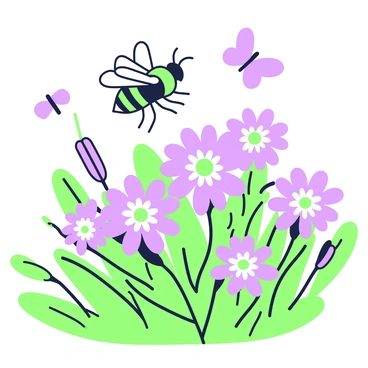 A busy bee collecting pollen from a group of aster flowers in a lively garden