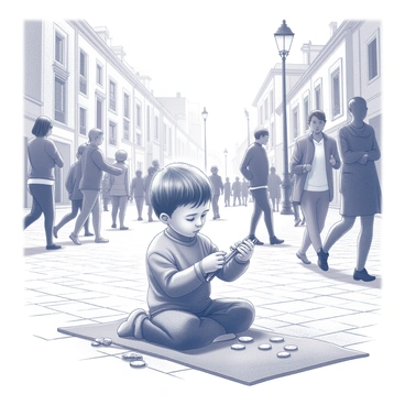 A child is seated on a cobblestone surface, playing a musical instrument. The child has a focused expression, and their fingers are skillfully positioned on the instrument. In front of the child, there is a small collection of coins scattered on a worn cloth. Around the child, a busy plaza is filled with people walking and engaging in conversation. Some individuals are glancing at the child, while others are passing by, creating a lively atmosphere. Various architectural details of the plaza, like stone buildings and decorative street lamps, frame the scene.