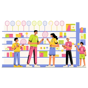 A family stands in a vibrant sporting goods store, surrounded by colorful badminton equipment. The parents, a mother and father, are looking at a display of rackets while their two children, a boy and a girl, eagerly explore nearby shelves. The boy picks up a bright red badminton racket with a big smile, while the girl clutches a set of colorful shuttlecocks. The scene is filled with shelves lined with various sporting goods, creating a lively atmosphere of excitement and anticipation.